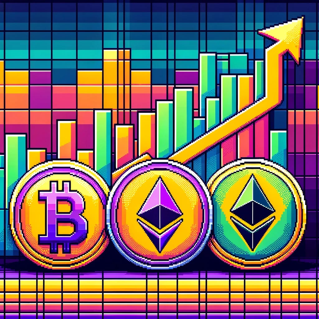 A pixel art scene in color-blocked style, capturing the moment when cryptocurrencies reach their all-time highs. This scene includes a pixelated upward trending chart, symbols for Bitcoin, Ethereum, and Solana designed with distinct, flat colors and sharp boundaries between them, eliminating gradients. The background features large, distinct blocks of colors to maintain the color-blocked theme, with the digital coins shining brightly against this backdrop. The overall effect is a blend of retro video game aesthetics with a modern, abstract, color-blocked design, celebrating the peak values of cryptocurrencies in a simplified, pixel art format.