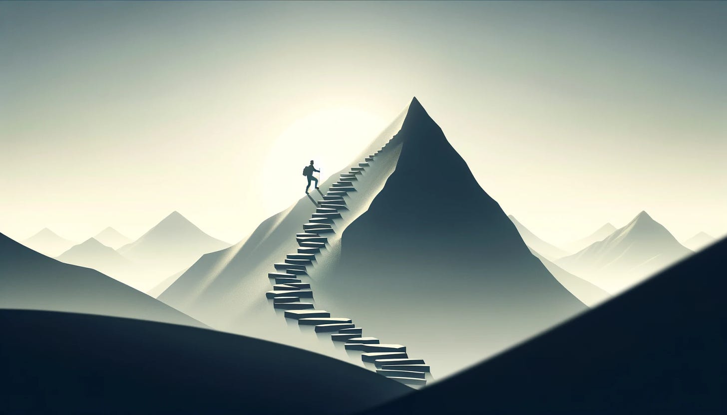 A simple yet profound depiction of life's journey, represented by a man climbing a mountain. The scene is minimalist, focusing on the silhouette of the man against a clear sky, at a critical point in his ascent where the peak is visible but not yet reached. This symbolizes that the journey itself holds as much importance as the destination. The foreground features a path, either a series of stepping stones or a winding trail, leading towards the mountain, encouraging the viewer to reflect on their own life's path. Despite the simplicity of the composition, the image conveys deep themes of goal pursuit, overcoming challenges, and the intrinsic value of perseverance and resilience. The overall aesthetic is clean and uncluttered, emphasizing the solitary climber's experience as a universal metaphor for the human condition. Aspect ratio for an open graph image, 1200 x 630.