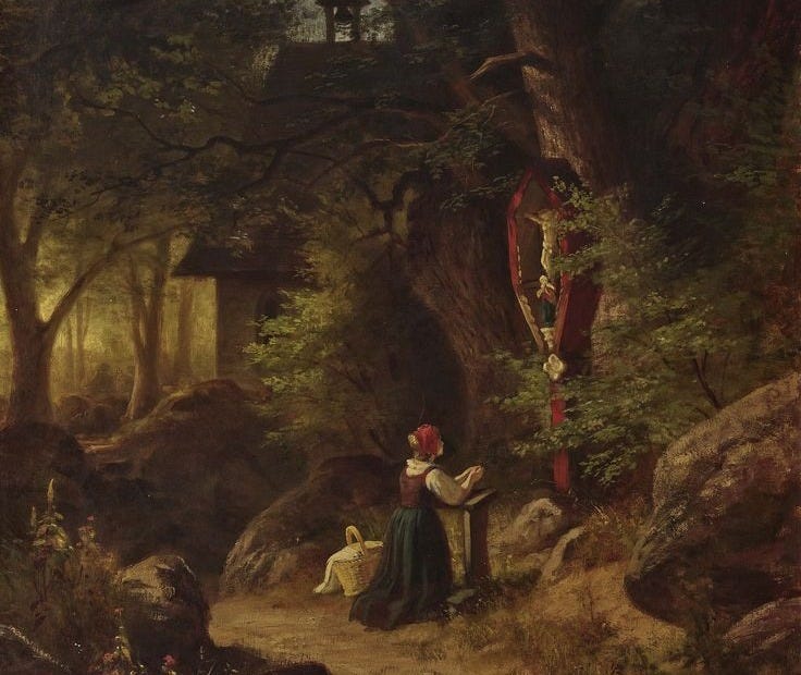 This may contain: a painting of a woman and child in the woods