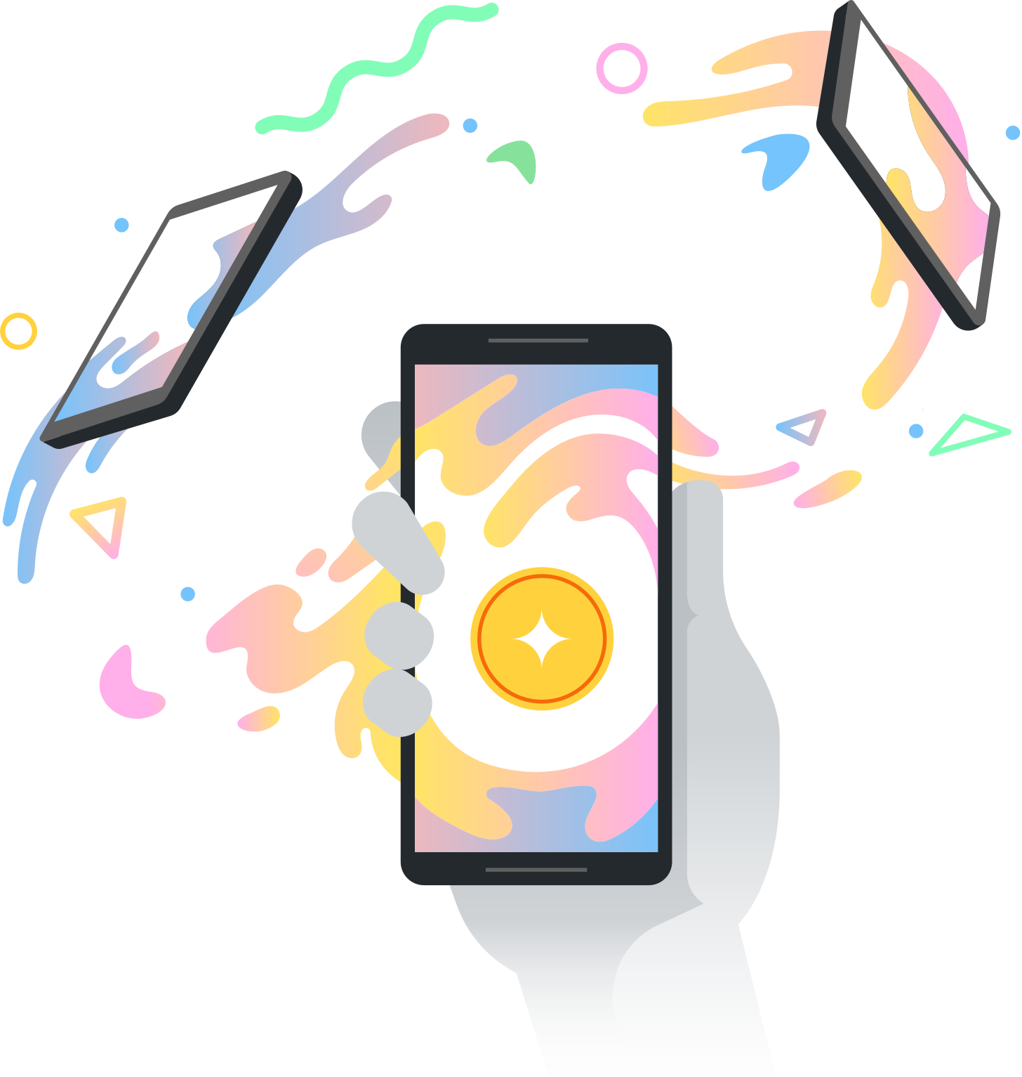 Illustration of a hand holding a mobile device with other mobile devices swirling around it.