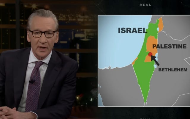 US pundit Bill Maher speaks about Palestinian statehood on his HBO show, 'Real Time,' December 15, 2023. (Screenshot, used in accordance with Clause 27a of the Copyright Law)