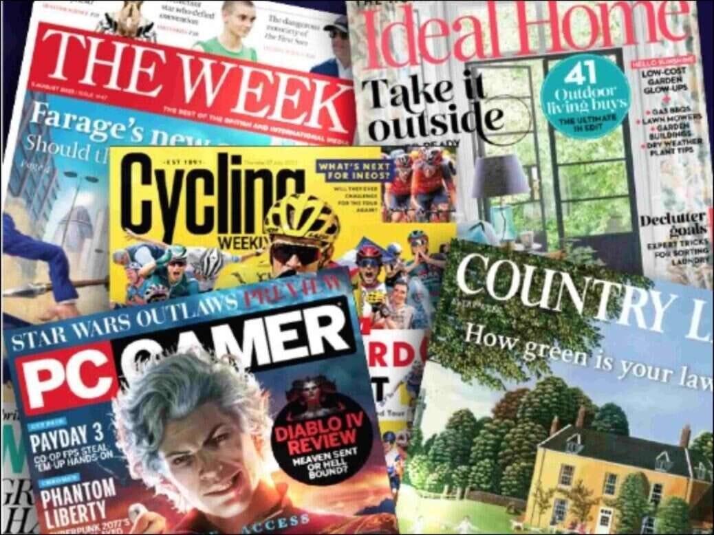 A picture displaying front covers of magazines owned by Future, including Ideal Home, Cycling Weekly, PC Gamer, Country Life and The Week. The picture illustrates a story about Future's 2023 full-year results, in which the company revealed it will make £25m in investments and hire 200 people as part of a bid to drive long-term profitability.