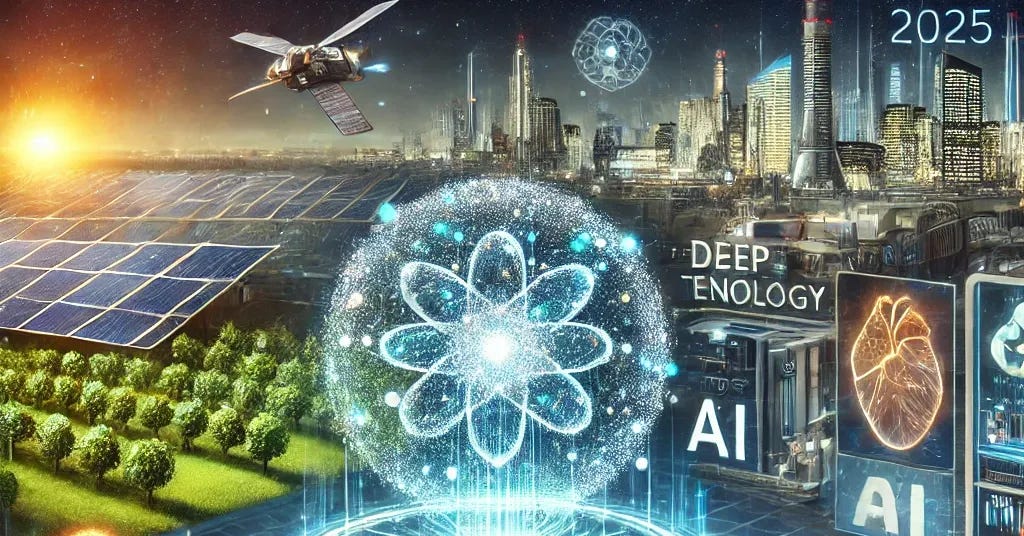 A futuristic depiction of the year 2025 showcasing innovations in deep technologies such as quantum computing, AI in healthcare, and clean energy. The image includes a glowing quantum computer in a high-tech lab, solar panels in a sustainable energy field, and a robotic doctor using AI tools to analyze medical data. The scene should convey a sense of progress, innovation, and investment opportunities, with a subtle futuristic city skyline in the background.