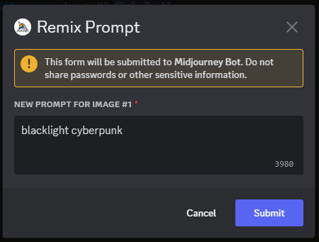 Adding "blacklight cyberpunk" into an image Remix prompt box