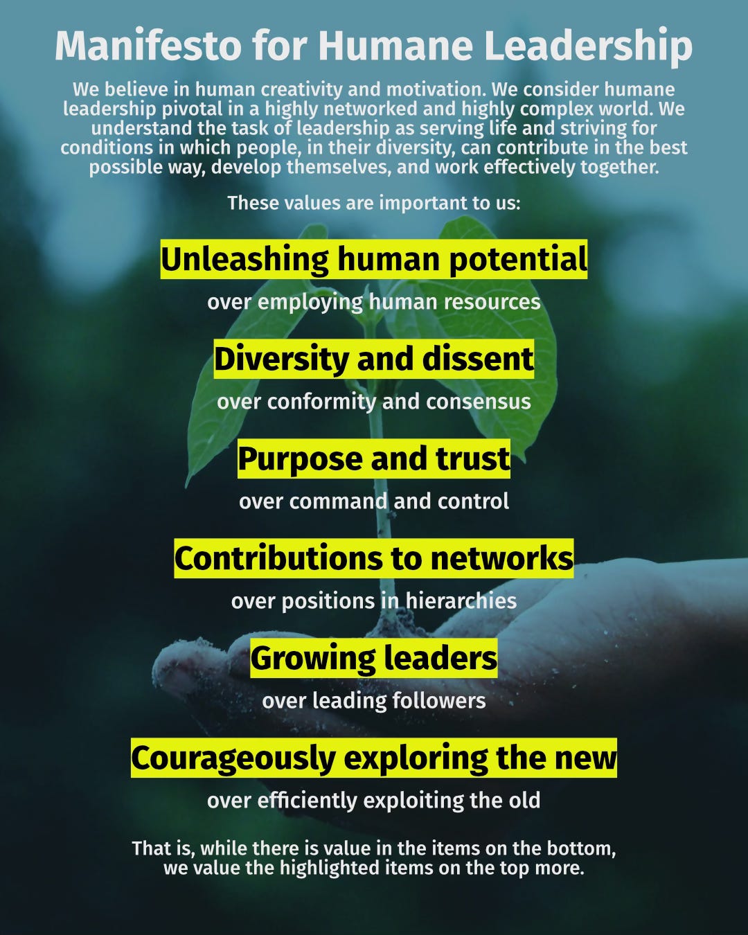 Manifesto for Humane Leadership  We believe in human creativity and motivation. We consider humane leadership pivotal in a highly networked and highly complex world. We understand the task of leadership as serving life and striving for conditions in which people, in their diversity, can contribute in the best possible way, develop themselves, and work effectively together.  These values are important to us:  Unleashing human potential over employing human resources.  Diversity and dissent over conformity and consensus.  Purpose and trust over command and control.  Contributions to networks over positions in hierarchies.  Growing leaders over leading followers.  Courageously exploring the new over efficiently exploiting the old.  That is, while there is value in the items on the bottom, we value the highlighted items on the top more. 