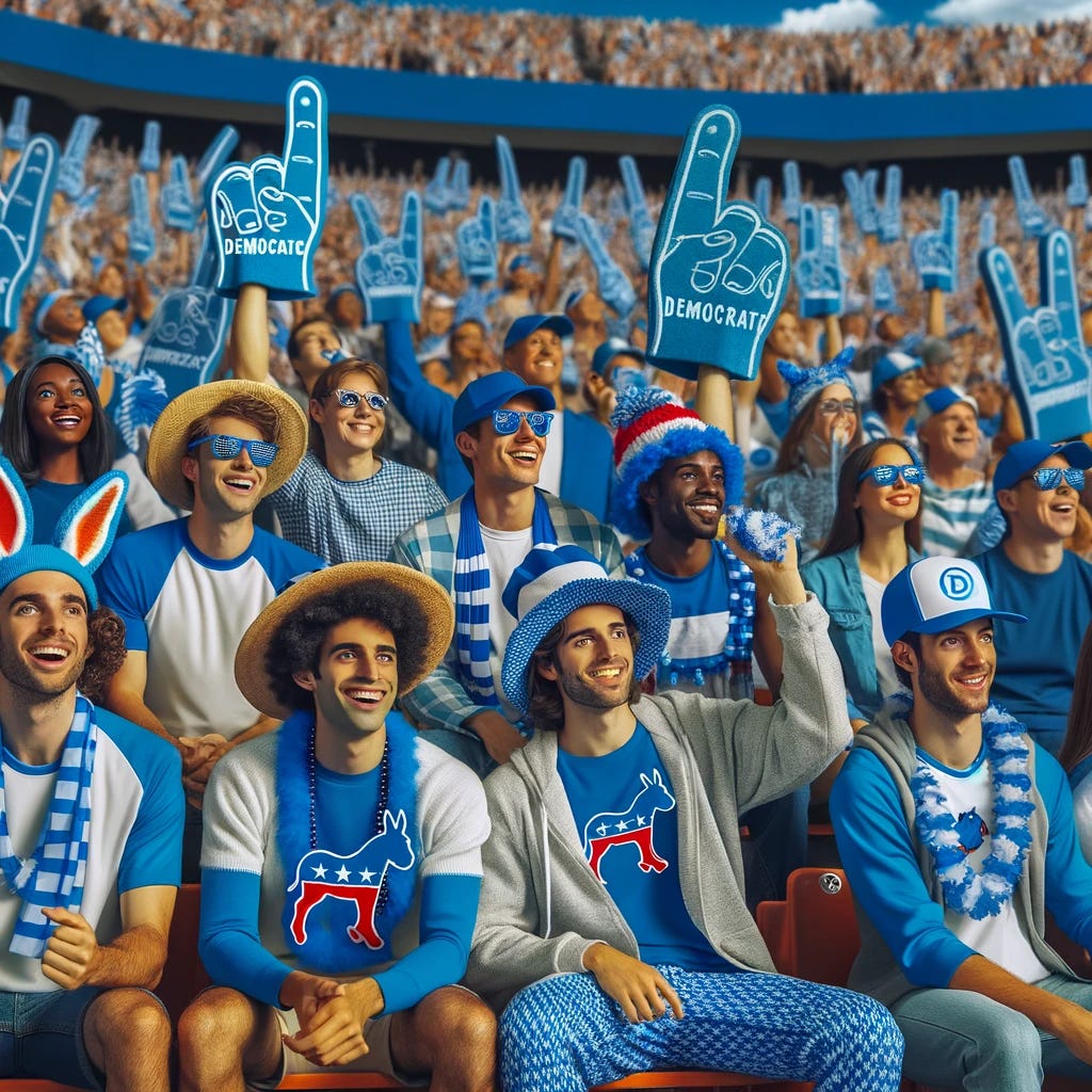 A vibrant scene of sports fans in the stands at a ball game, all wearing fan gear themed after the Democratic Party. The fans are racially diverse and wearing blue and white outfits, some with the Democratic donkey logo. They are waving flags, wearing hats, and holding foam fingers, all in the theme colors. The stadium is bustling with excitement, capturing the energetic atmosphere of a live sports event.