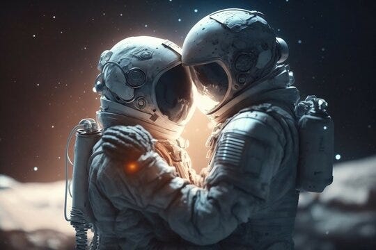 Ai generated two astronauts hugging each other showing rheir ...