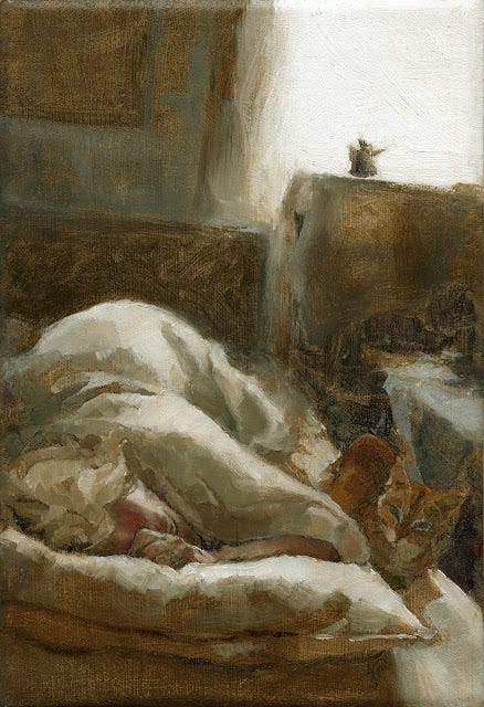 Figurative Interior Oil painting of Bedroom with Woman and Cat