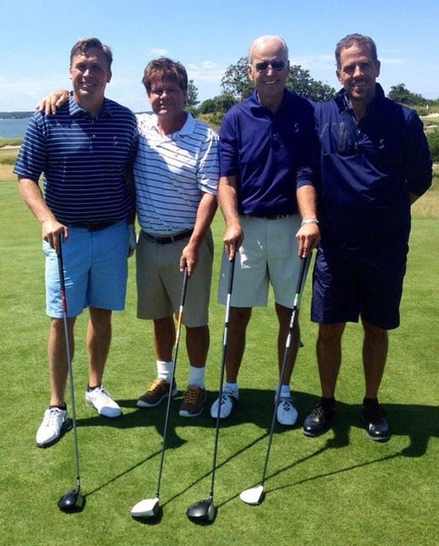 Joe Biden, second right, and his son, Hunter, right, pictured golfing in the Hamptons with Devon Archer, left, in a 2014 photo obtained by the FOX News show "Tucker Carlson Tonight".