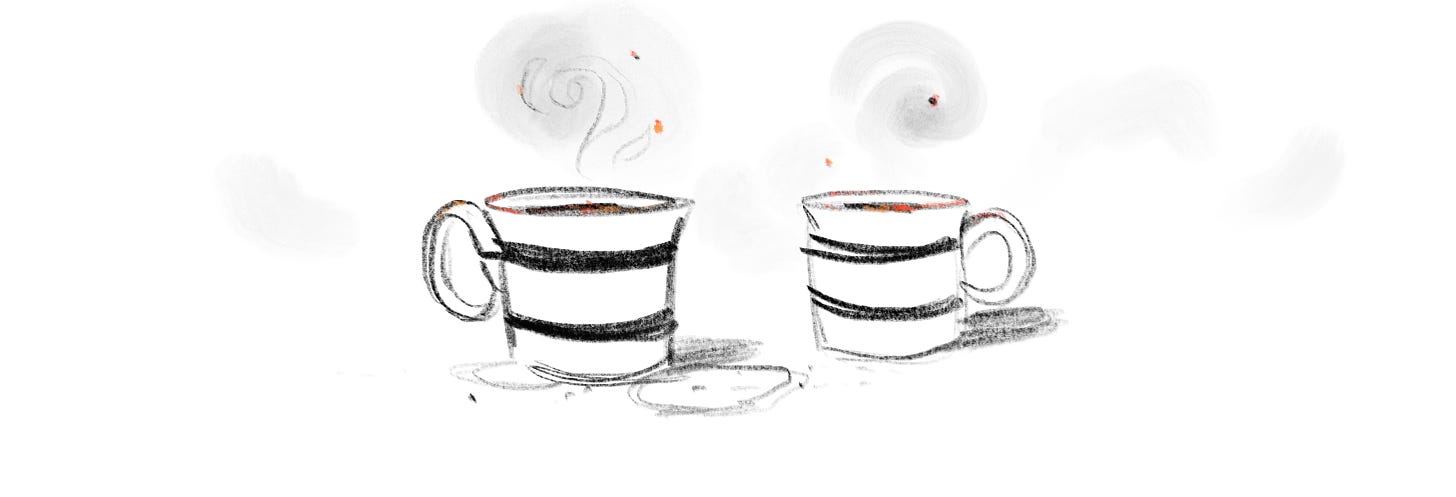 A pencil sketch of two striped coffee mugs, with coffee rings on the table below them. Both are sparking and smoking like a fire.