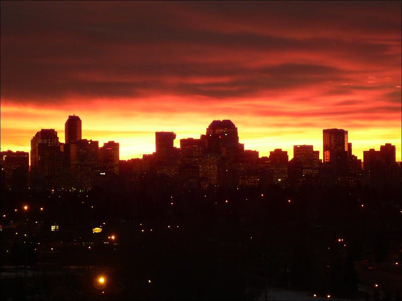 Sunrise over a city.