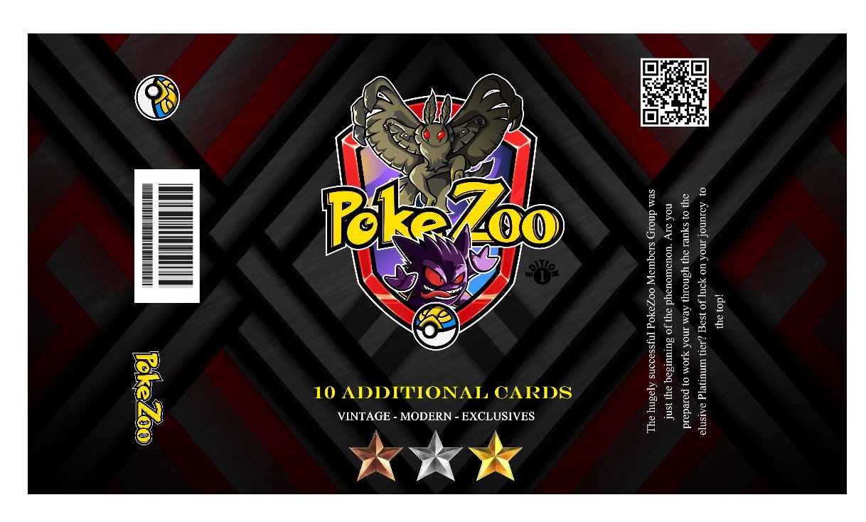 A logo that bears the word Pokezoo in yellow appears on  a black background. The logo includes two creatures and a ball that resembles a Pokemon ball