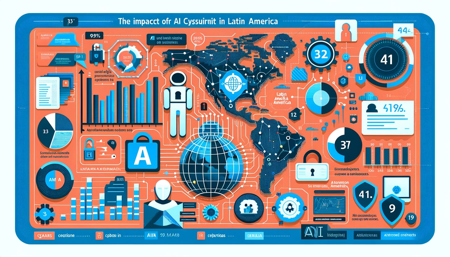 An infographic showing the impact of AI on cybersecurity in Latin America, with charts and graphs highlighting trends, statistics, and key insights. The infographic should include visual elements such as bar graphs, pie charts, and regional maps.