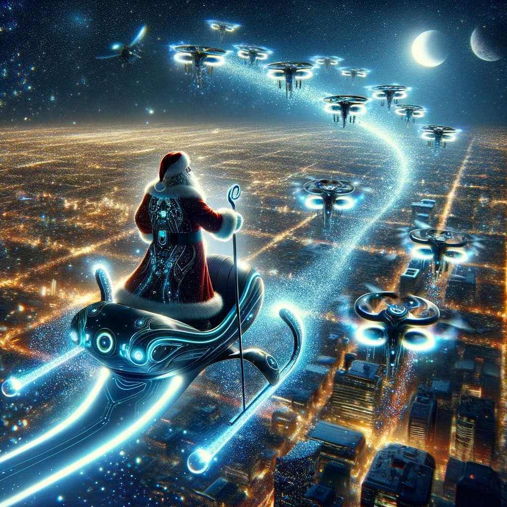 Reimagine the scene from Chapter 2 with a more futuristic flair: Santa Claus in an even more advanced, sleek suit, guiding his quantum-powered sleigh through the starry night sky. The sleigh is ultra-modern with illuminated contours and dynamic shapes, followed by a fleet of high-tech micro-drones, each carrying a parcel. The city below is a vision of future urbanity, with glowing, energy-efficient buildings and soft, festive lights. The atmosphere is ethereal and charged with the magic of innovation and holiday spirit.
