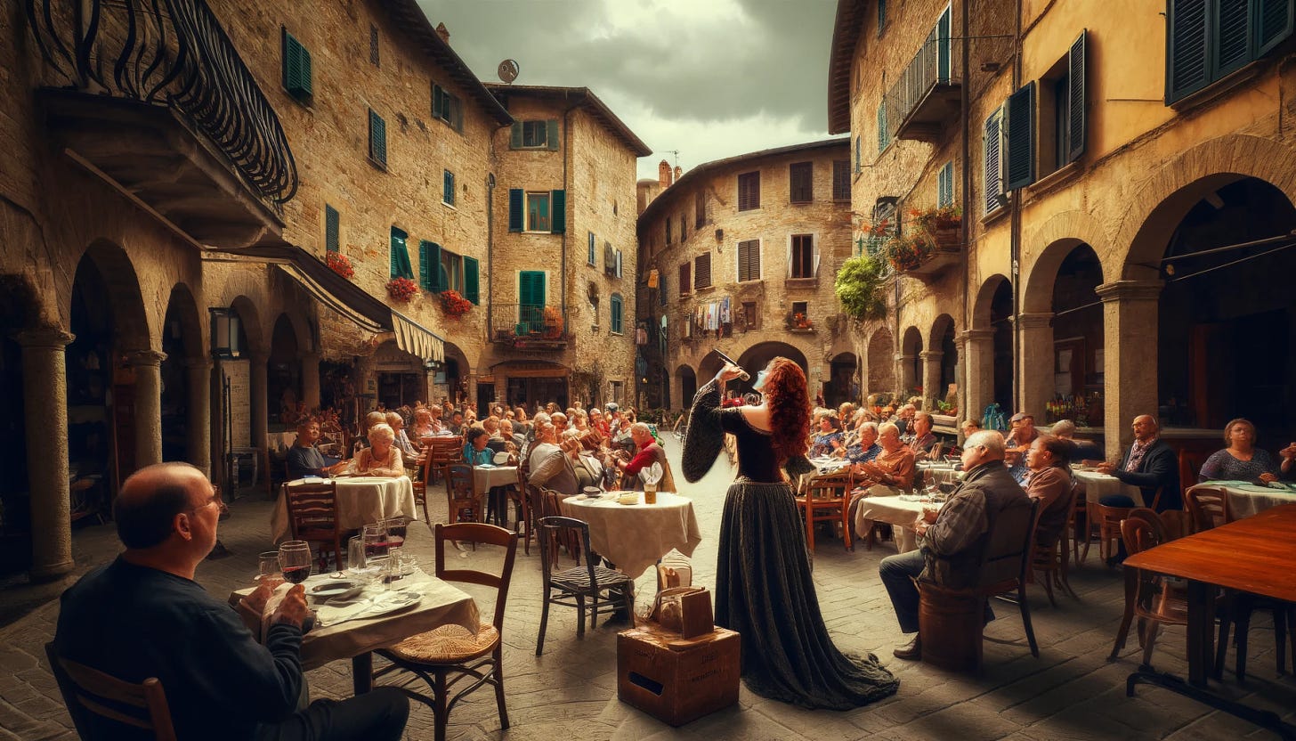 A quaint Italian village square with a few people dining at outdoor tables. The scene captures a dramatic moment where a wine glass shatters due to the operatic voice of a woman singing, who uses no microphone. The village features very old, traditional architecture with stone buildings and cobblestone paths. The crowd is smaller and focused intently on the singer. The woman is dressed in an opera-style costume, enhancing the old-world charm of the setting.