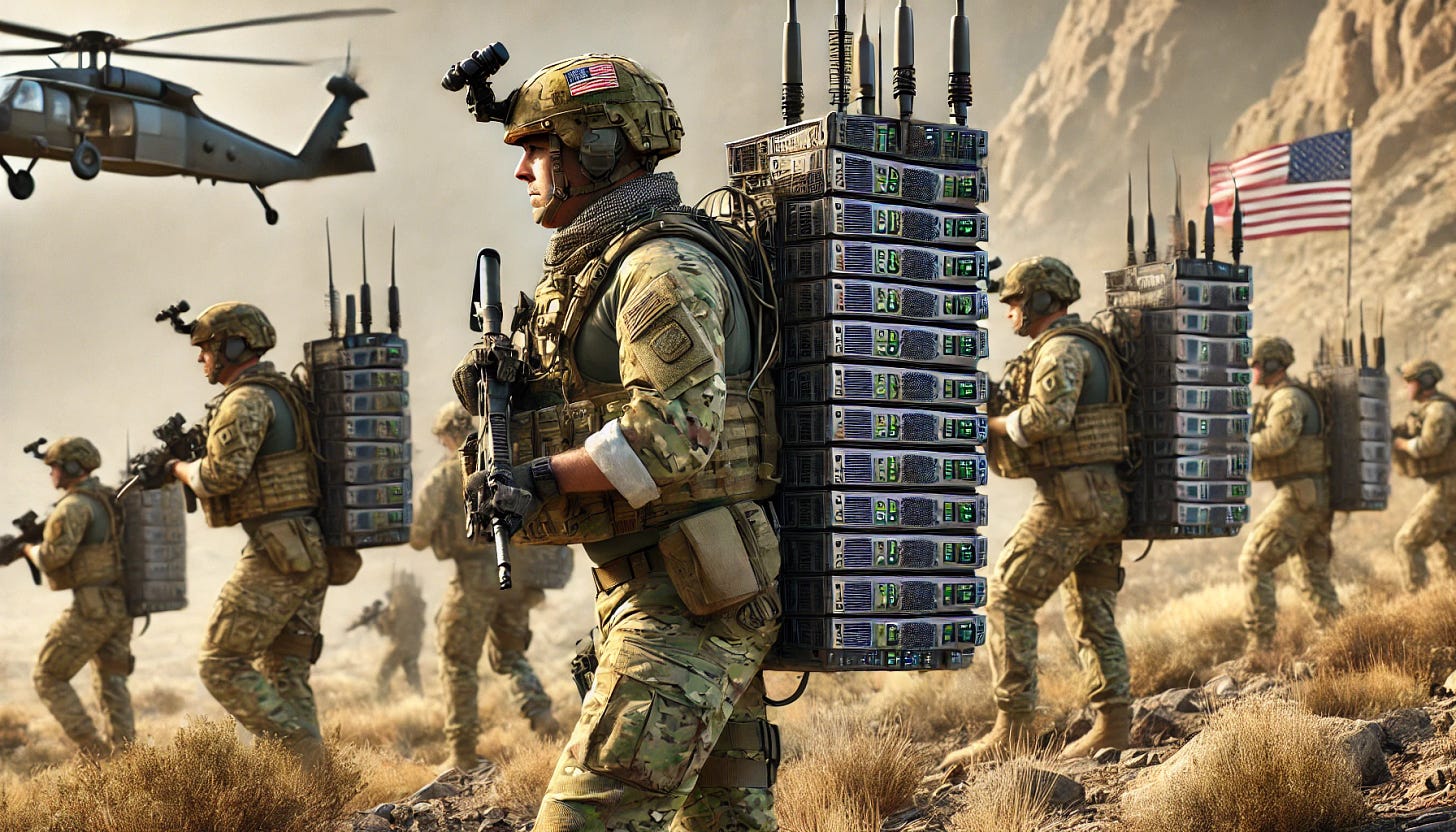 A group of U.S. soldiers on patrol in rugged terrain, wearing camouflage uniforms and helmets. Each soldier has a large backpack from which a small data center building is protruding. The data centers have sleek designs with antennas, blinking lights, and digital displays. The soldiers are focused and alert, moving strategically through their environment. The background shows a mix of natural and military elements, illustrating the blend of advanced technology with traditional military operations.