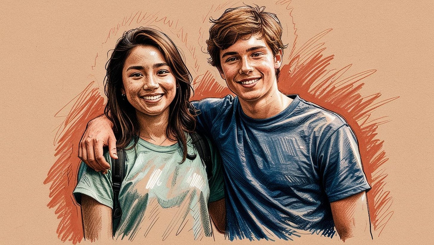 Imagem com um 2 adultos jovens sorrindo.