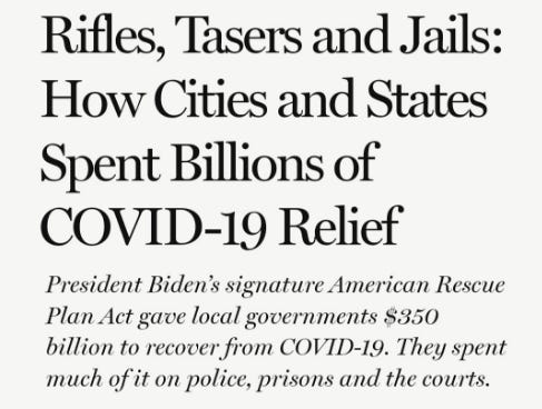 Marshall Project headline: "Rifles, Tasers and Jails: How Cities and States Spent Billions of COVID-19 Relief"