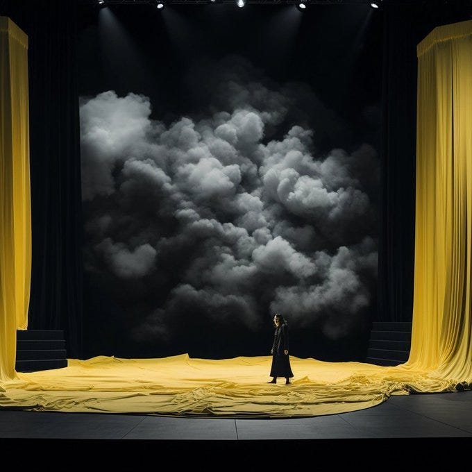 Envision a theatrical stage designed by Es Devlin, featuring a backdrop inspired by Fritz Winter's expressive, abstract paintings. The intricate relationship between art and performance is captured using a Leica M10 with a Leica Summilux-M 50mm f/1.4 ASPH lens --ar 1:1 --style raw --v 5.2