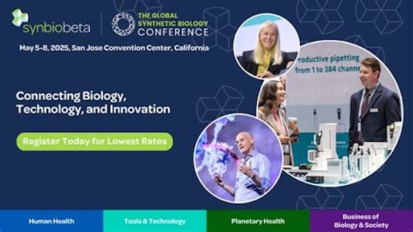A Global Synthetic Biology Conference banner from the Synbiobeta website. Motto: "Connecting Biology, Technology, and Innovation."