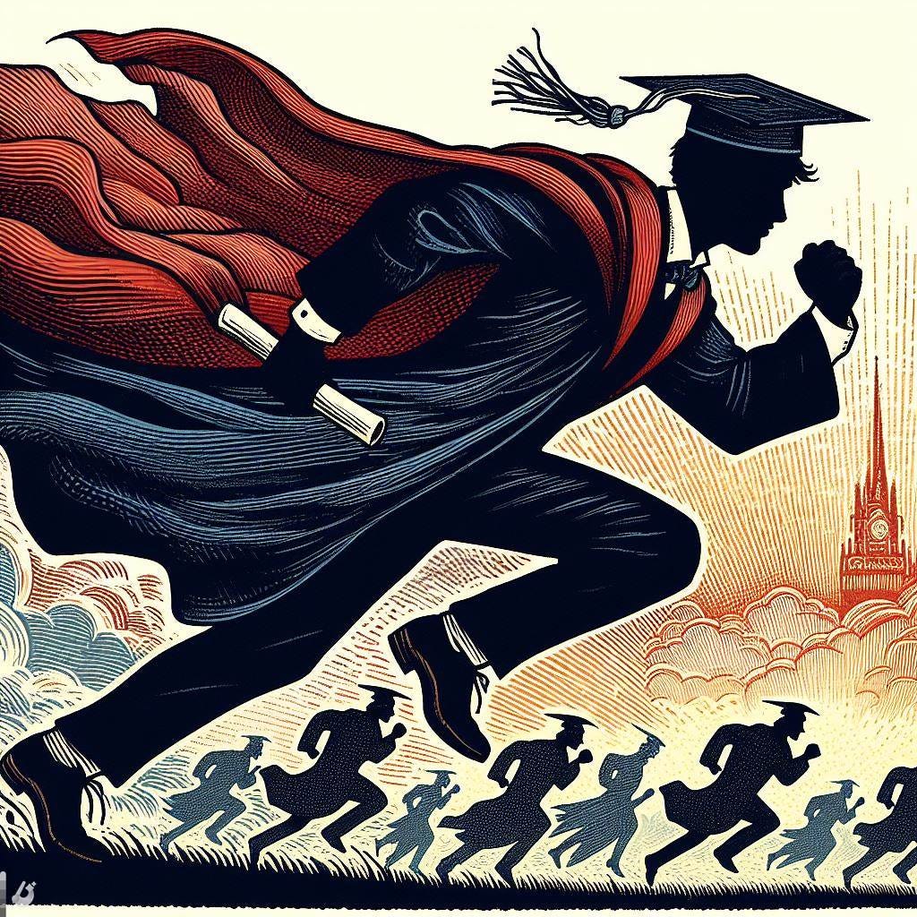 silhouette of man with graduation cap and gown running through ceremony, 1900-style illustration, colored woodcut