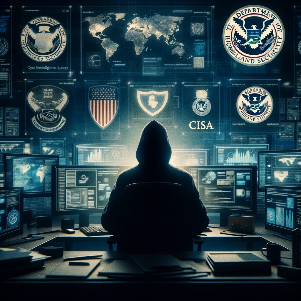 A shadowy figure representing a whistleblower in a dimly lit room, surrounded by various computer screens displaying classified documents and digital maps. Include symbols of the Cyber Threat Intelligence League (CTIL), Department of Homeland Security (DHS), and the Cybersecurity and Information Security Agency (CISA). The background suggests a secretive, covert operation atmosphere, with subtle hints of international collaboration, like flags or emblems. The overall mood of the image is mysterious and suspenseful, depicting the concept of digital surveillance and censorship.