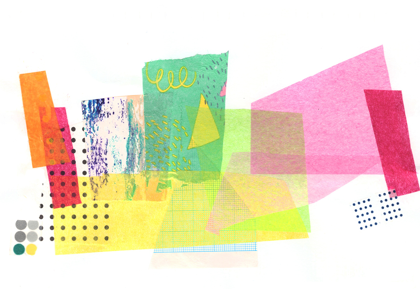 Pink, green, yellow, and orange papers spashed across a white background with black dotted accents. Digital collage.