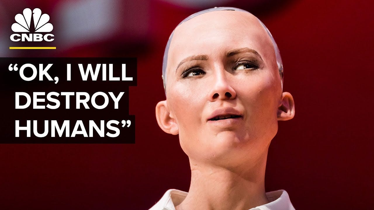 A CNBC graphic of realistic-looking robot Sophia saying "Okay, I will destroy humans."