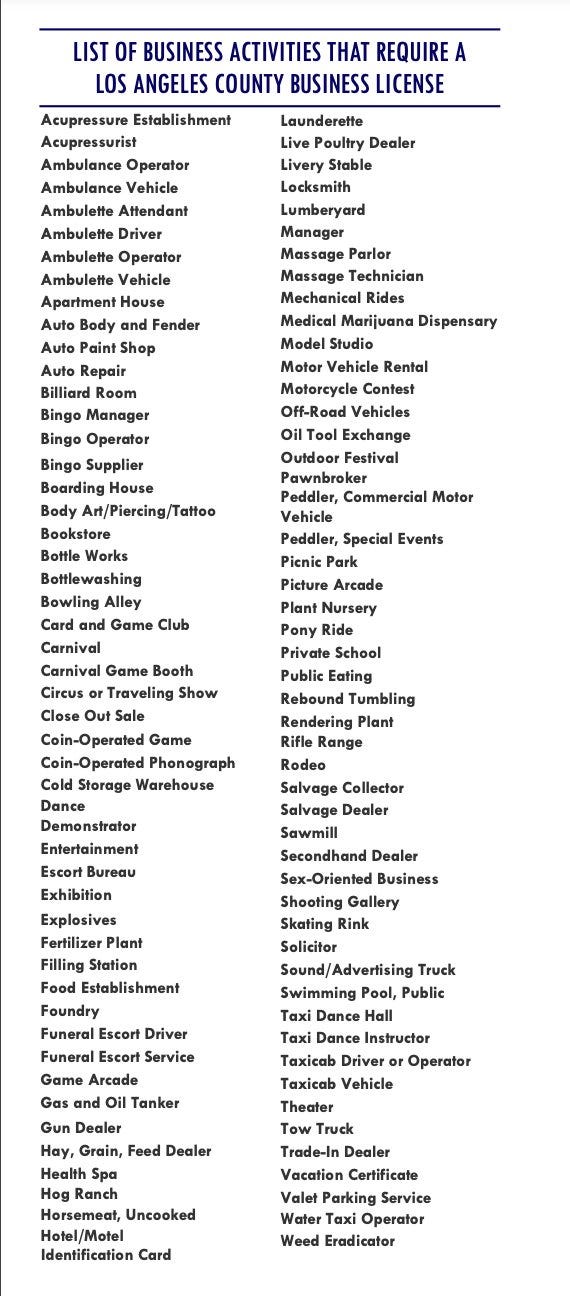 LIST OF BUSINESS ACTIVITIES THAT REQUIRE A
LOS ANGELES COUNTY BUSINESS LICENSE
Treasurer and Tax Collector
MAIN OFFICE
Downtown Los Angeles
225 N. Hill Street, Room 109
Los Angeles, CA 90012
Telephone: (213) 974
-2011
Days: Mon. through Fri.
Hours 8:00 a.m.
-5:00 p.m.
VALENCIA OFFICE
23757 Valencia Boulevard
Valencia, CA 91355
Telephone: (661) 253
-7342
Days: Mon. & Wed. only
Hours: 8:00 a.m.
-4:30 p.m.
LANCASTER OFFICE
335A East Avenue K
-6
Lancaster, CA 93535
Telephone: (661) 723
-7342
Days: Tues., Thurs., & Fri.
Hours: 8:00 a.m.
-4:30 p.m.
Acupressure Establishment
Acupressurist
Ambulance Operator
Ambulance Vehicle
Ambulette Attendant
Ambulette Driver
Ambulette Operator
Ambulette Vehicle
Apartment House
Auto Body and Fender
Auto Paint Shop
Auto Repair
Billiard Room
Bingo Manager
Bingo Operator
Bingo Supplier
Boarding House
Body Art/Piercing/Tattoo
Bookstore
Bottle Works
Bottlewashing
Bowling Alley
Card and Game Club
Carnival
Carnival Game Booth
Circus or Traveling Show
Close Out Sal