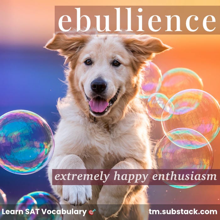 Illustration of a joyful puppy playing with bubbles; used to illustrate the SAT word 'ebullience'.