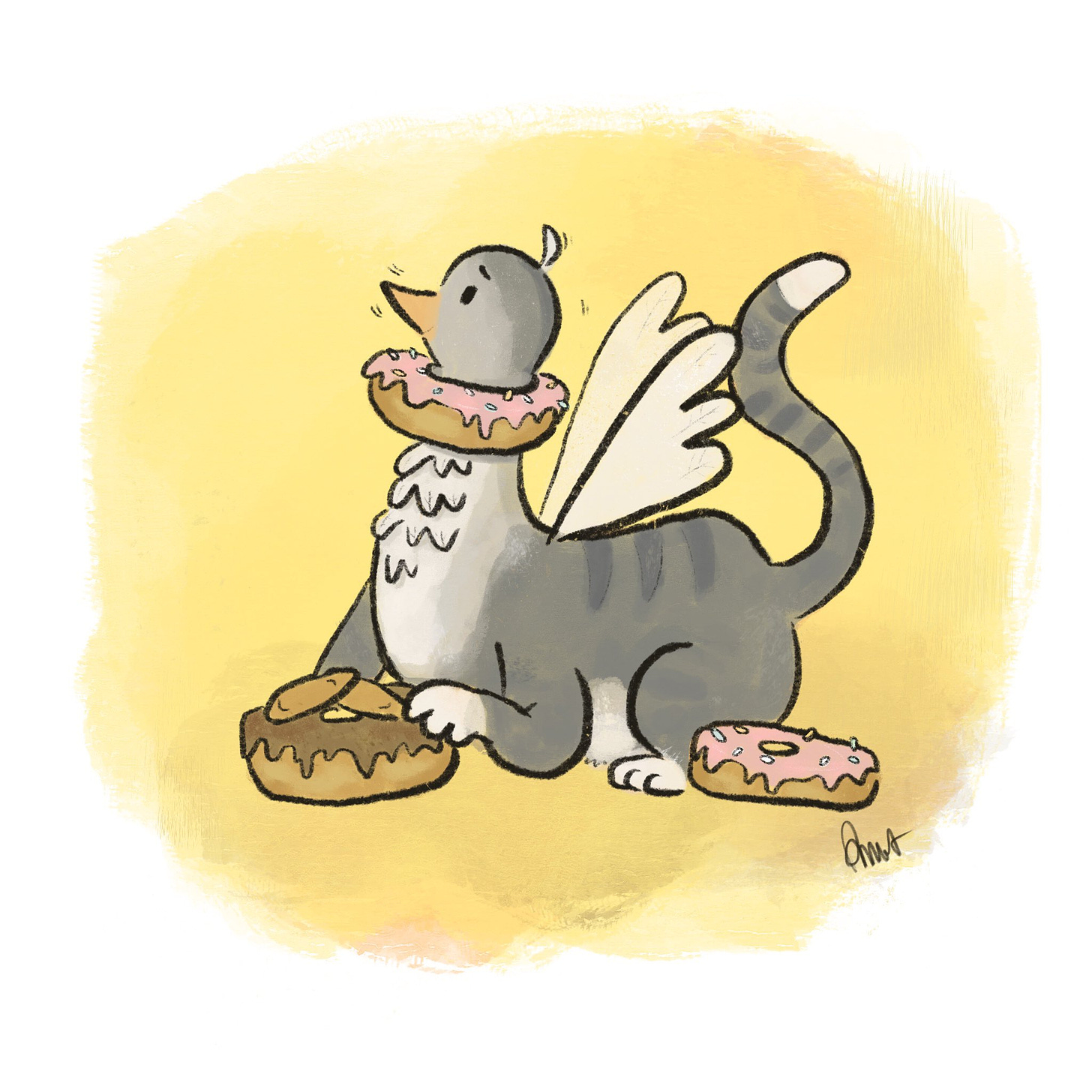 An illustration of a grey tabby griffin (cat body, pigeon head and white wings) with a donut stuck on his neck. He also has a donut under his paw for later.