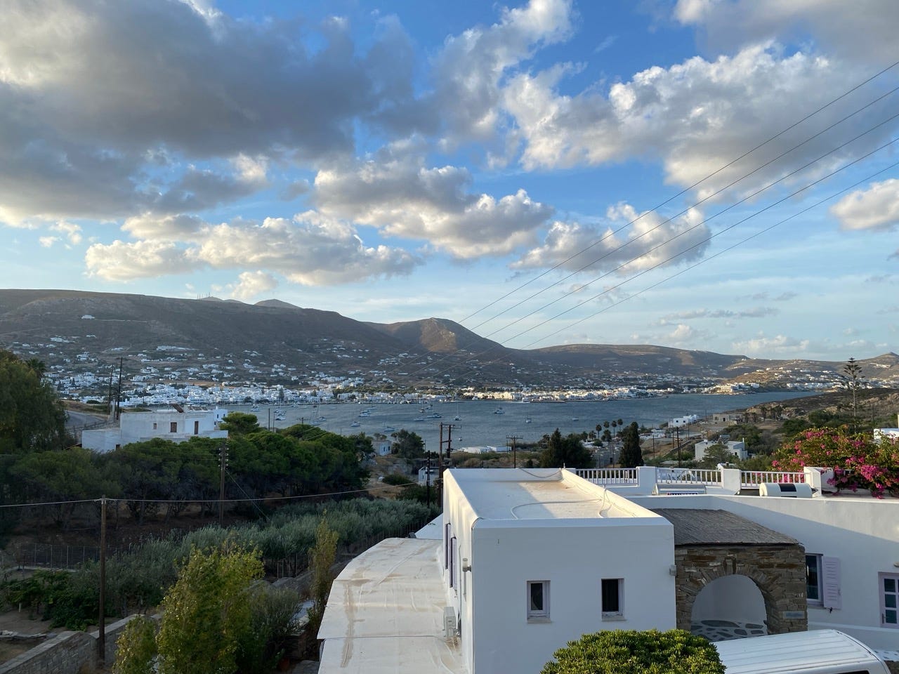 A view of the port of Paros, Greece, from the hills.