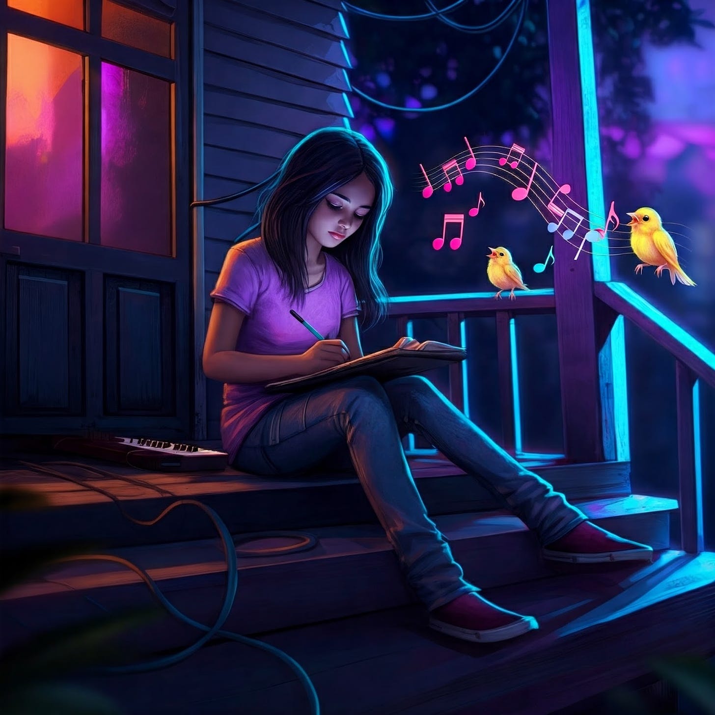 Image of a girl on the front porch listening to night bird songs and writing them down.