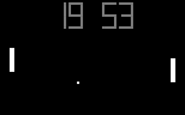 A screenshot of PongSaver showing two paddles, a ball, and the current time at the top.