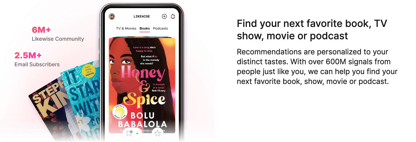 Screenshot from likewise's website showing the app on an iphone and noting that the app can be used for recommending movies, books or podcasts