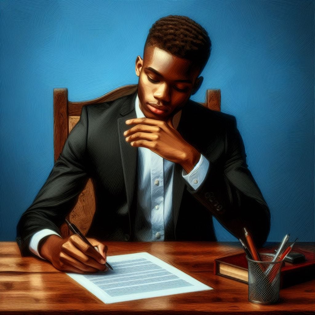 A young black man sitting at his table and about to make a good decision, all on a blue background in an oil painting style