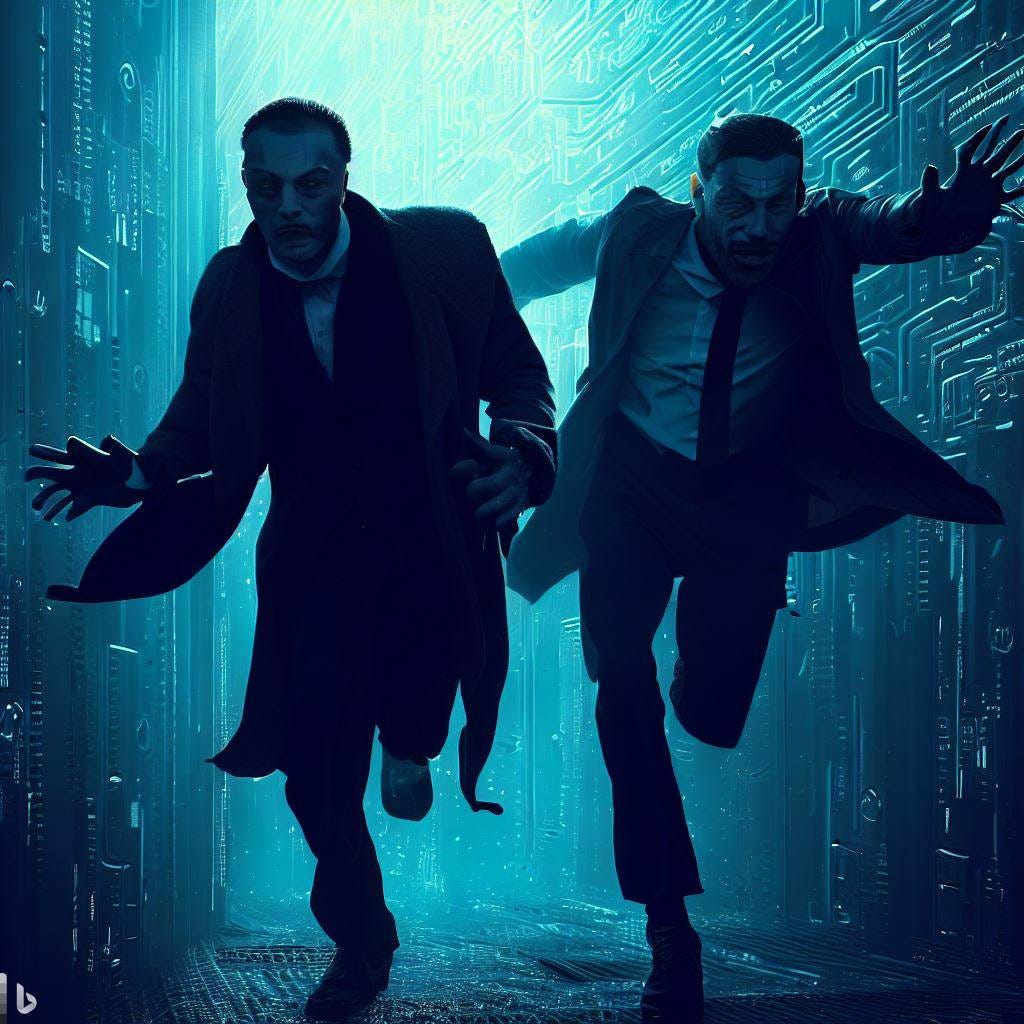 a photorealistic image of Neo and Morpheus escaping the agents in Matrix. Use a bluish cast and a cyberpunk atmosphere