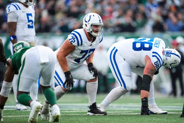 Braden Smith of the Indianapolis Colts lines up before the snap during an NFL football game against the New York Jets at MetLife Stadium on November...
