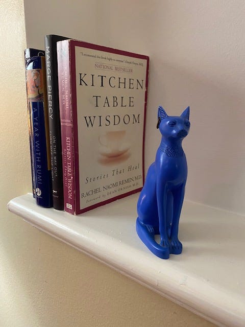 a bright blue ceramic Egyptian cat representing protection