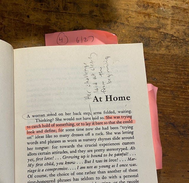 First page of the novel. Highlighted text says "She was trying to catch hold of something, or lay it bare so that she could look and define"