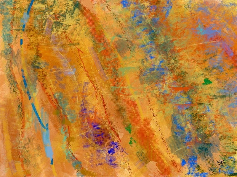 Abstract desert landscape by Sherry Killam Arts with gold and earthy striations on flat land.