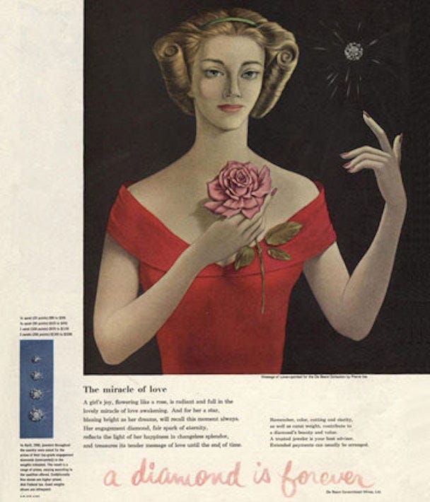 1948: De Beers 'A Diamond Is Forever' Campaign Invents The Modern Day  Engagement Ring | The Drum