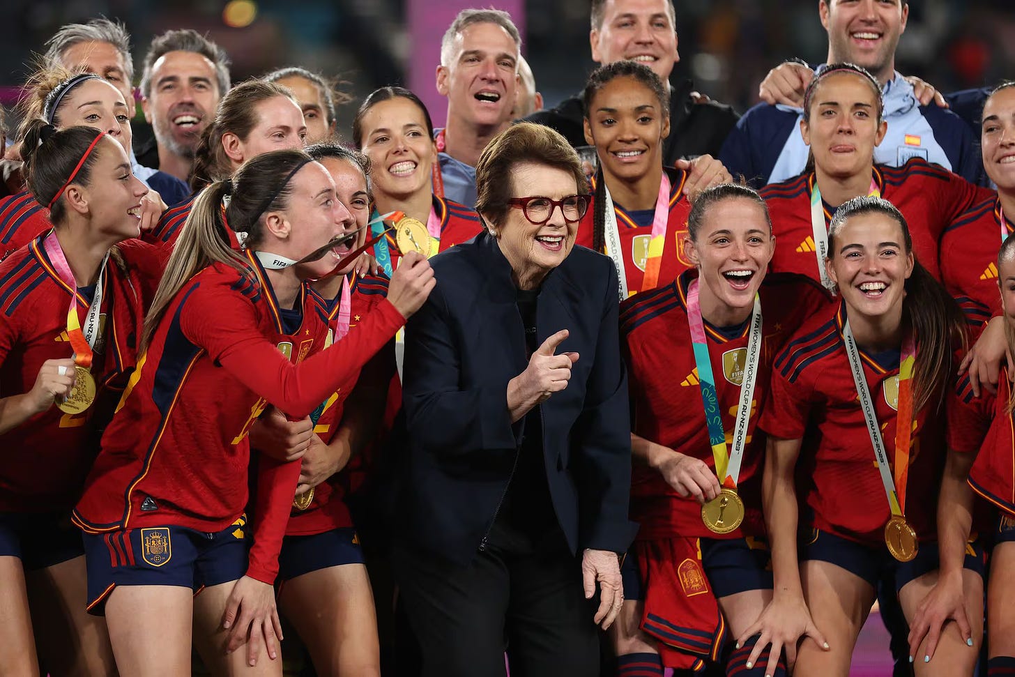 Spanish women's football team celebrating their 2023 World Cup Victory with Billie Jean King