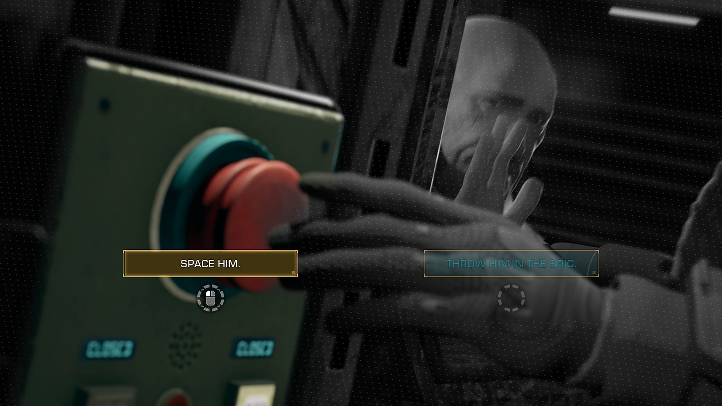 A screenshot of the game The Expanse: A Telltale Series, showing a decision checkpoint with the options "SPACE HIM" and "THROW HIM IN THE BRIG". Camina Drummer's hand is over the big red button as the man in the airlock looks desperate.