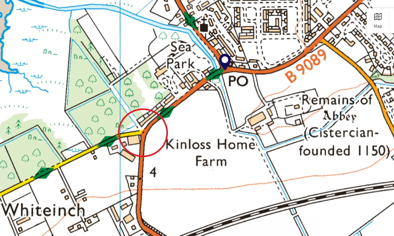 Detail of map of Kinloss indicating the possible confluence site of the two burns