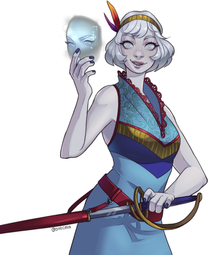 A changeling woman holding a fading hologram of a mask, smiling as she pulls a rapier out of its sheathe.