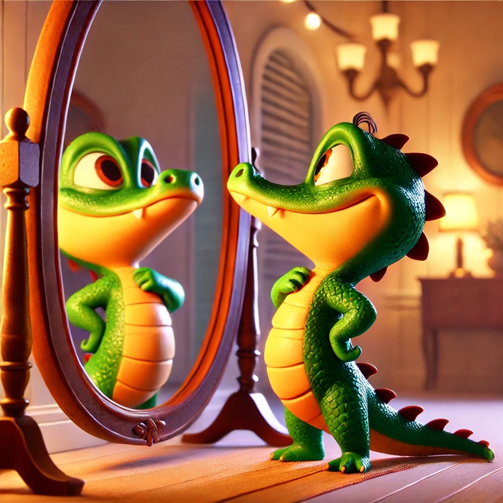 A small, cute, anthropomorphic gator (Croaky) standing proudly in front of a mirror, gazing at his reflection with a dignified and confident expression. The mirror reflects him in a noble pose, with an aura of self-respect and purpose. The setting is cozy and elegant, featuring warm lighting and a minimalist room with a tasteful backdrop. The art style is vibrant and Pixar-inspired, focusing on Croaky's charming and expressive features.