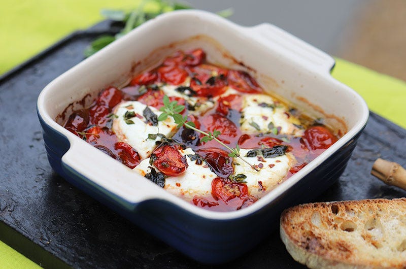 Warmed Baked Feta with Roasted Cherry Tomatoes, Cook the Vineyard