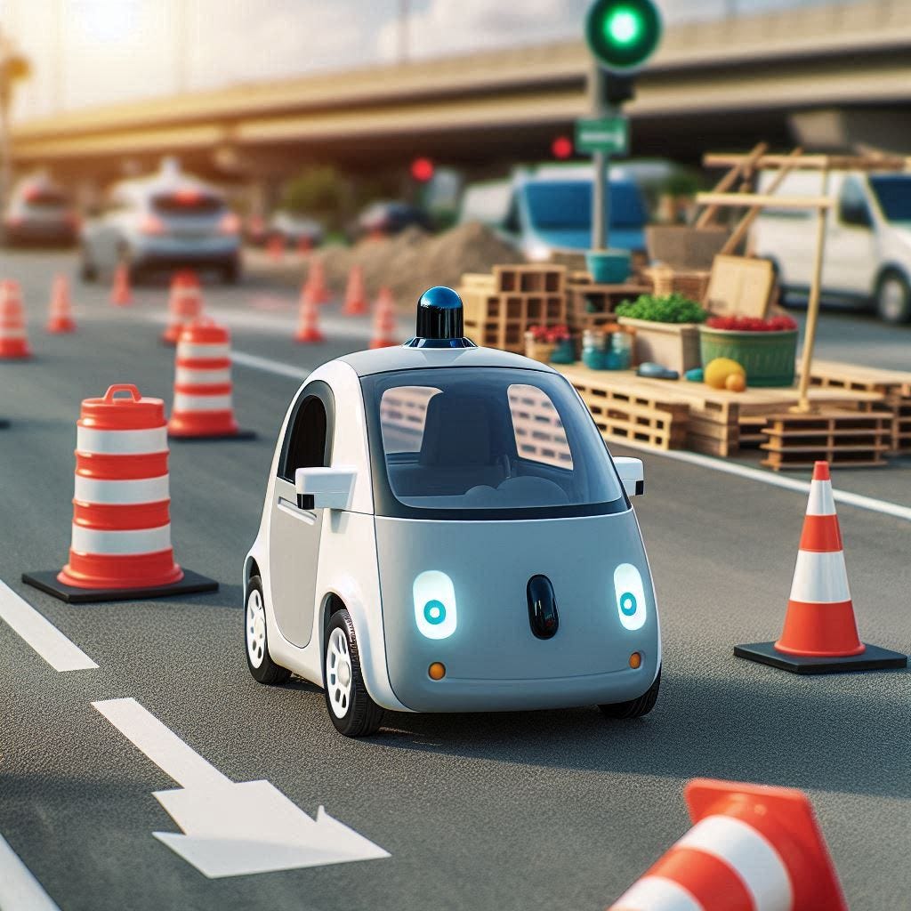 small self-driving car in a road with construction cones around it