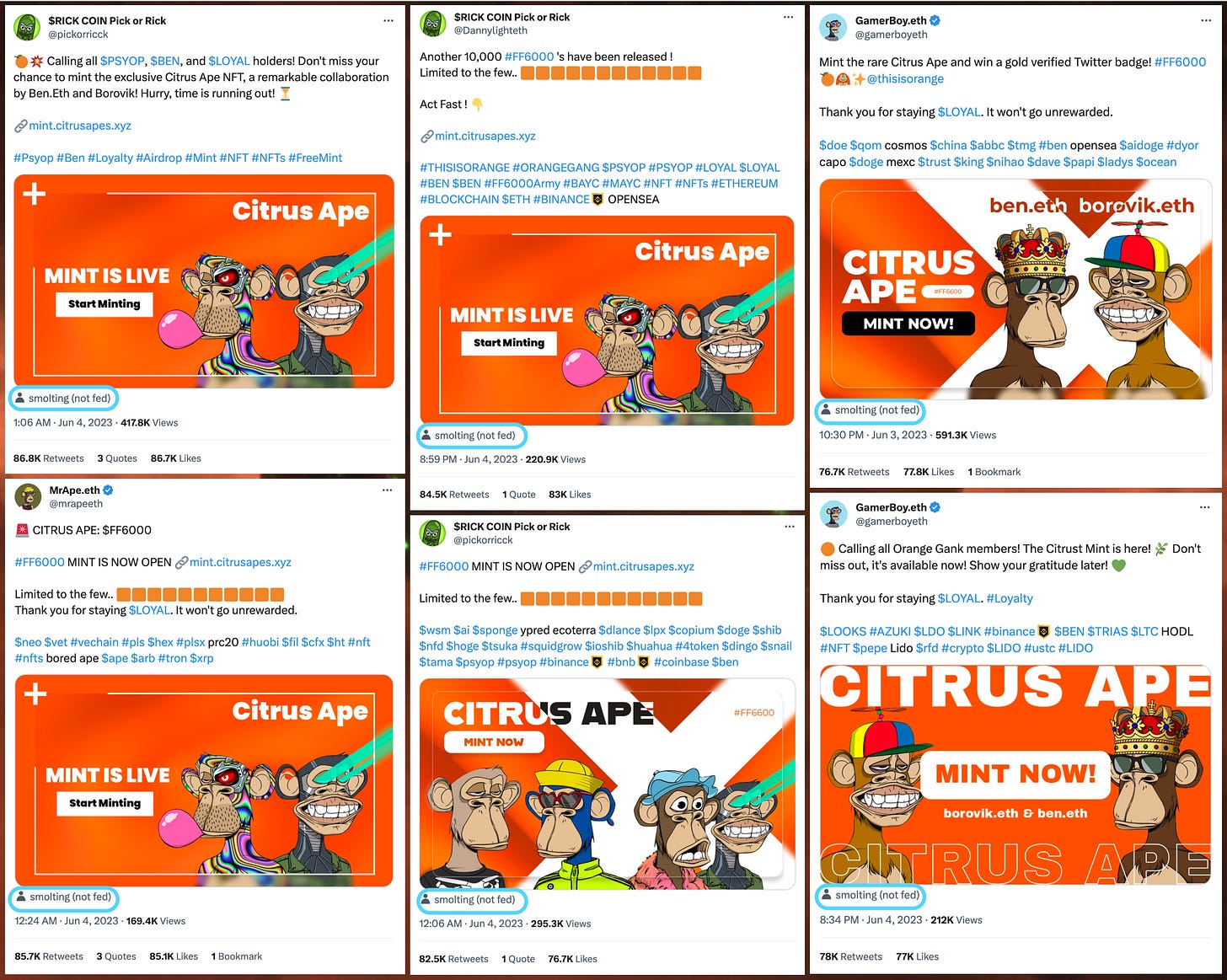 screenshot of six "Citrus Ape" cryptocurrency tweets with "smolting (not fed)" (@thisisorange) tagged